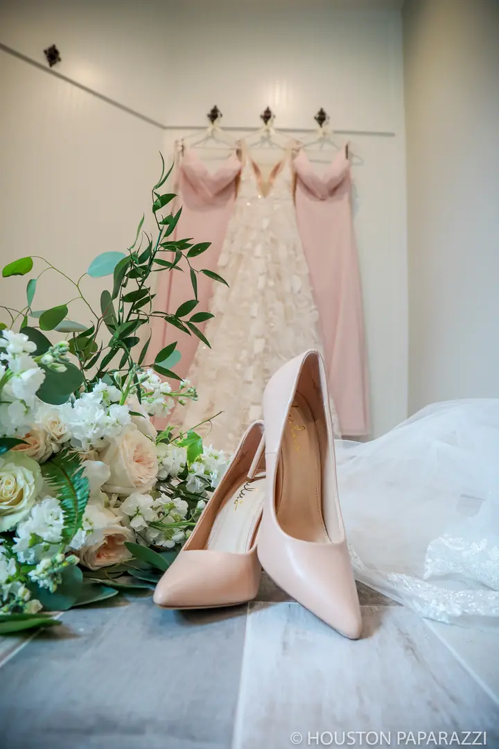 pink high heels, wedding bouquet, and dresses
